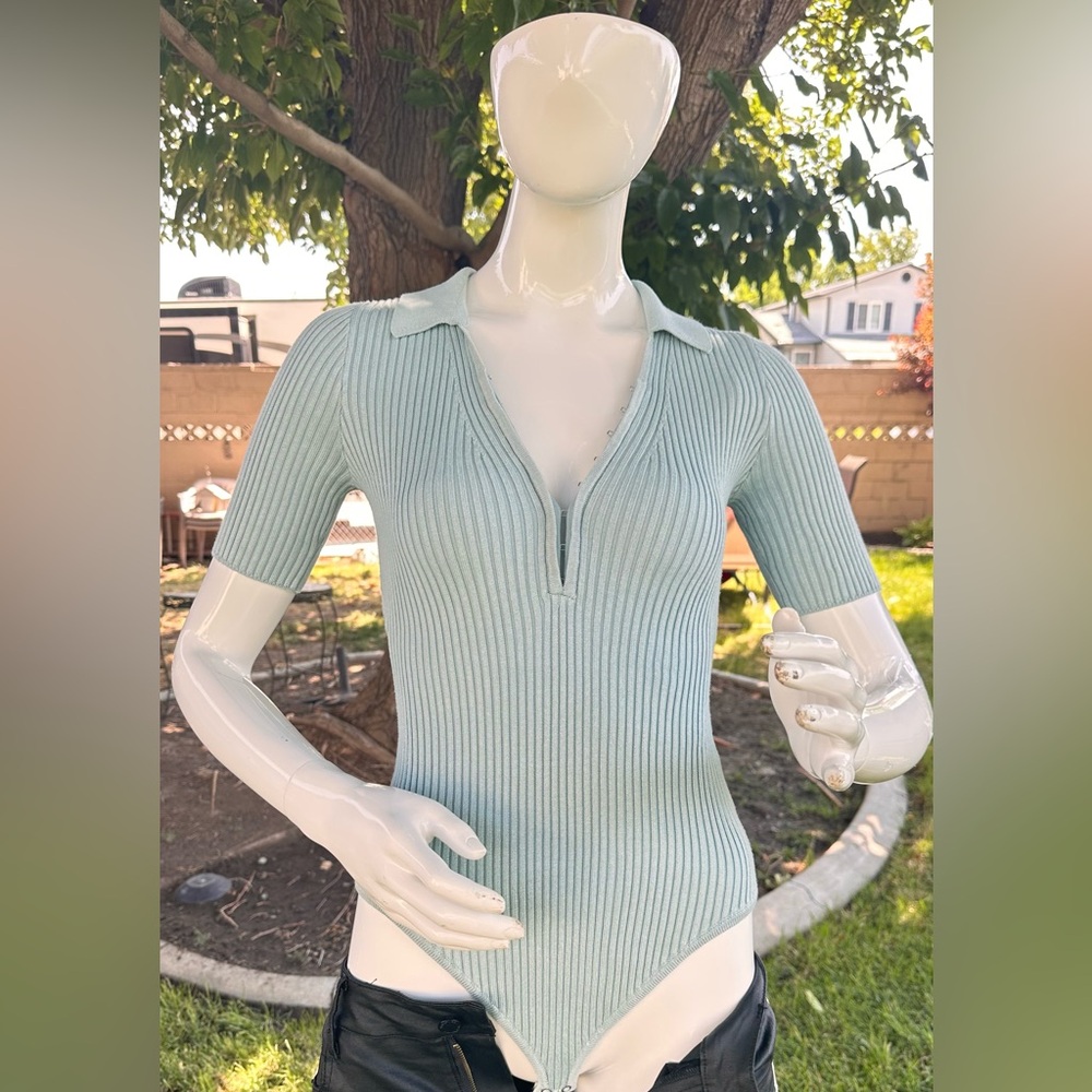 Abercrombie & Fitch Collared Ribbed Bodysuit - Light Blue